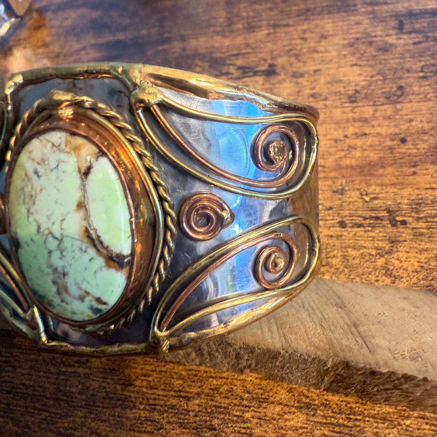 Lemon Chrysoprase Natural Stone Wide Cuff Bracelet In Mixed Metals