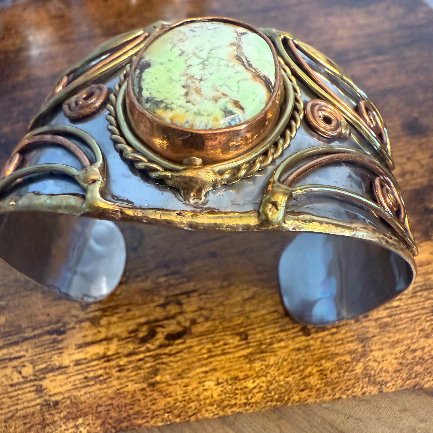 Lemon Chrysoprase Natural Stone Wide Cuff Bracelet In Mixed Metals