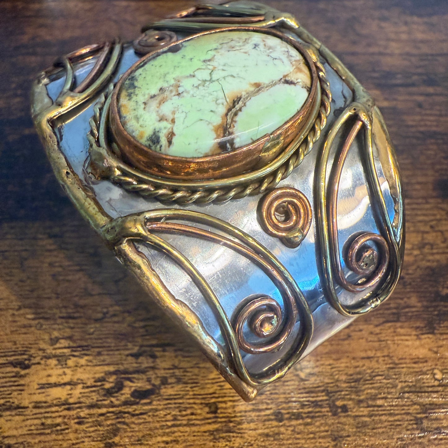 Lemon Chrysoprase Natural Stone Wide Cuff Bracelet In Mixed Metals