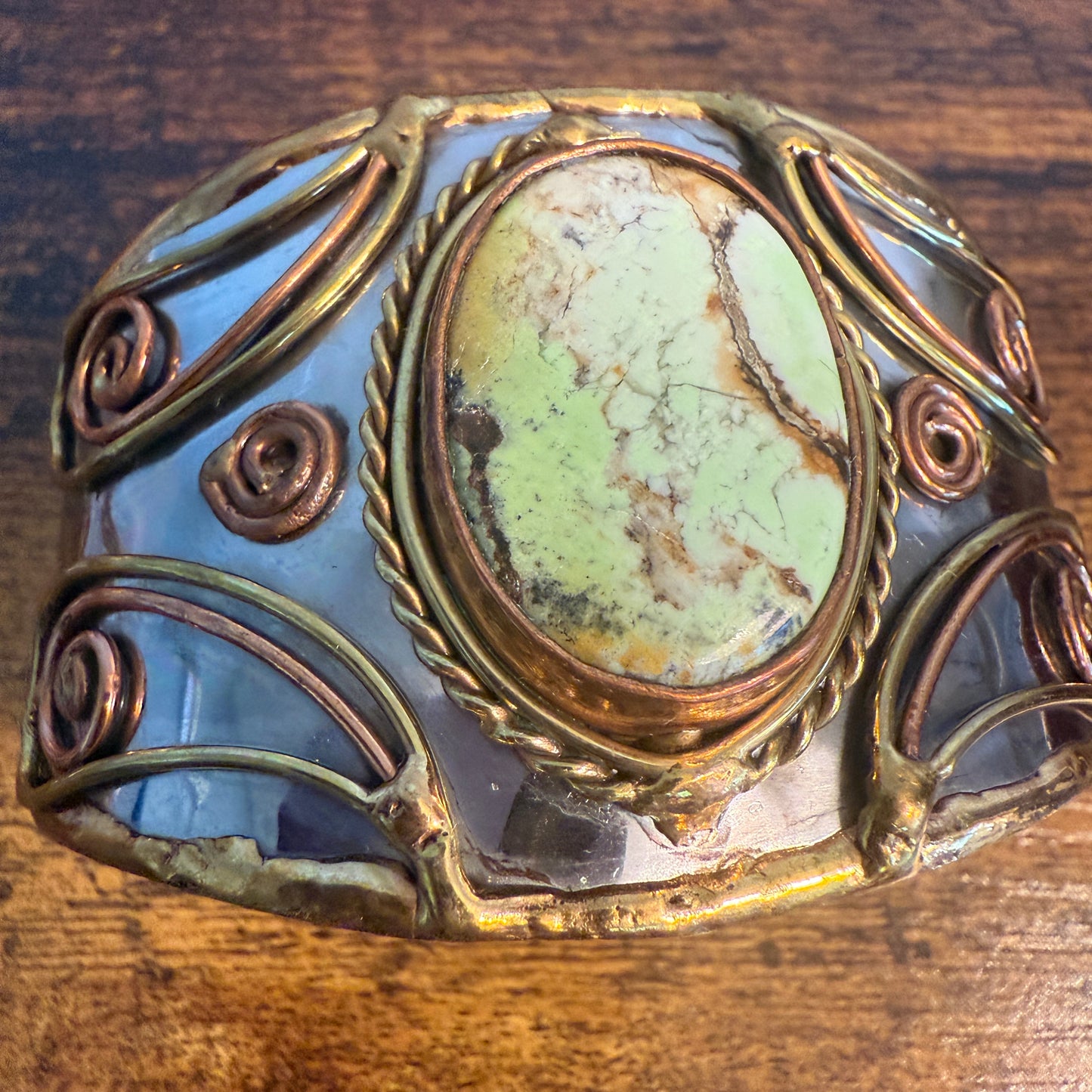 Lemon Chrysoprase Natural Stone Wide Cuff Bracelet In Mixed Metals