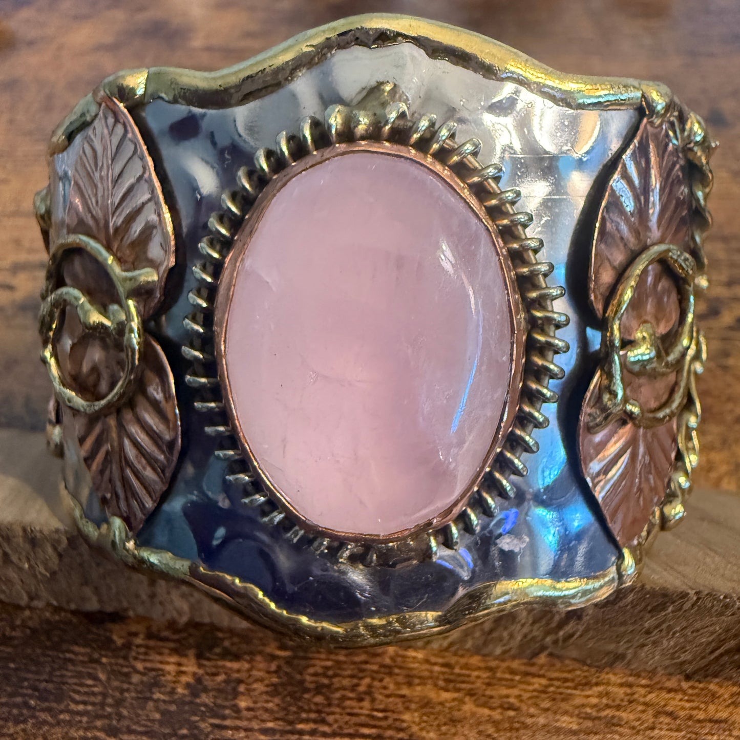 Rose Quartz Natural Gemstone Wide Cuff Bracelet Mixed Metals