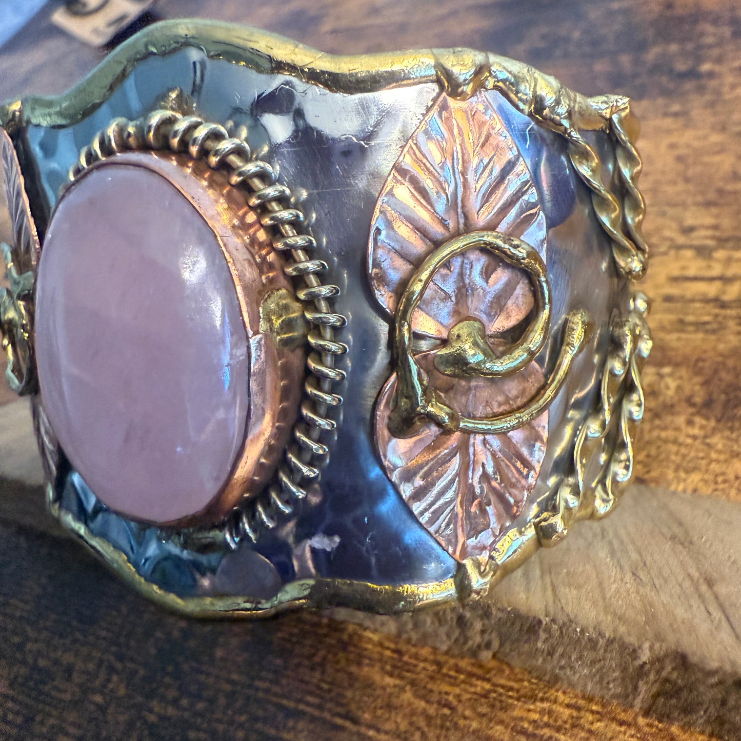 Rose Quartz Natural Gemstone Wide Cuff Bracelet Mixed Metals