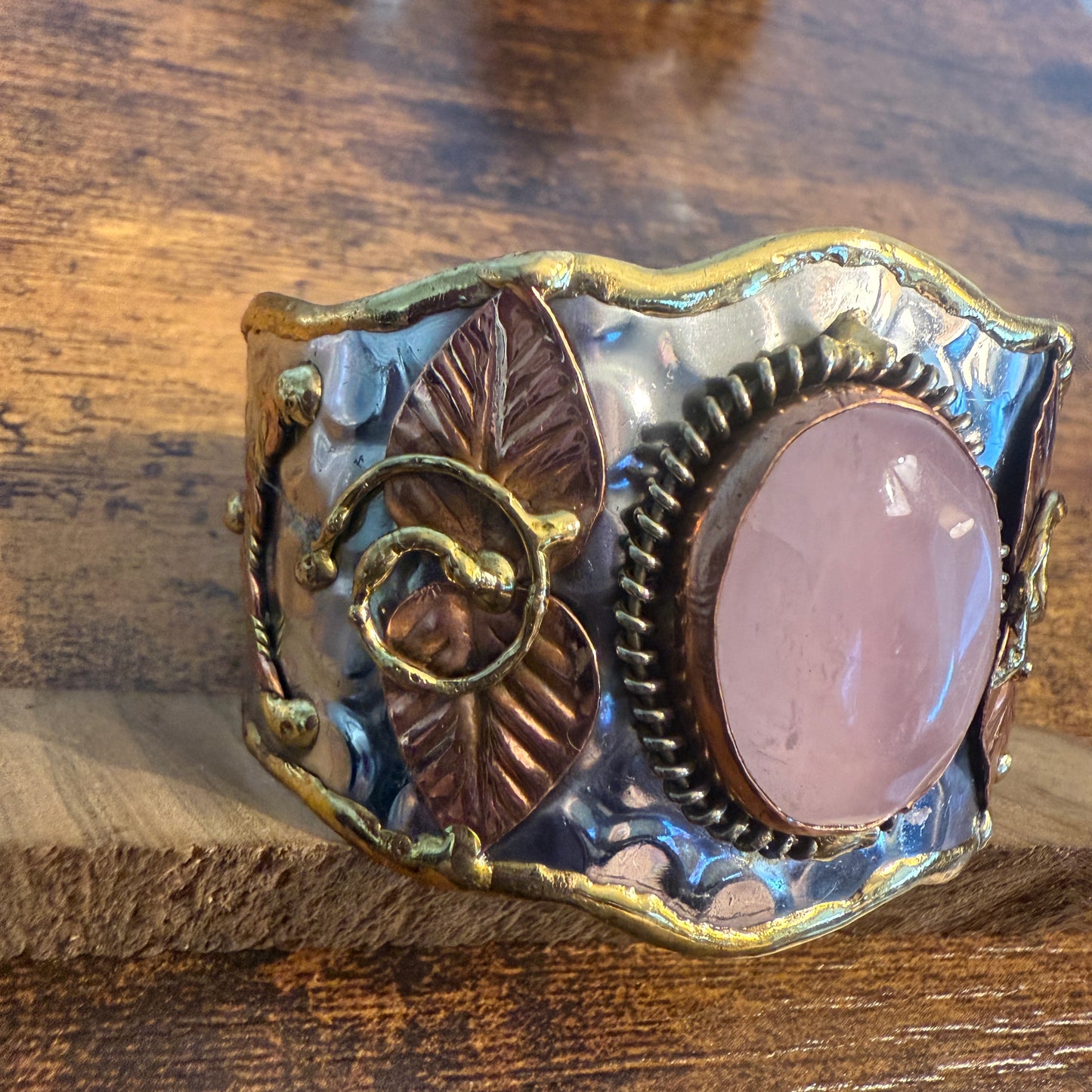 Rose Quartz Natural Gemstone Wide Cuff Bracelet Mixed Metals