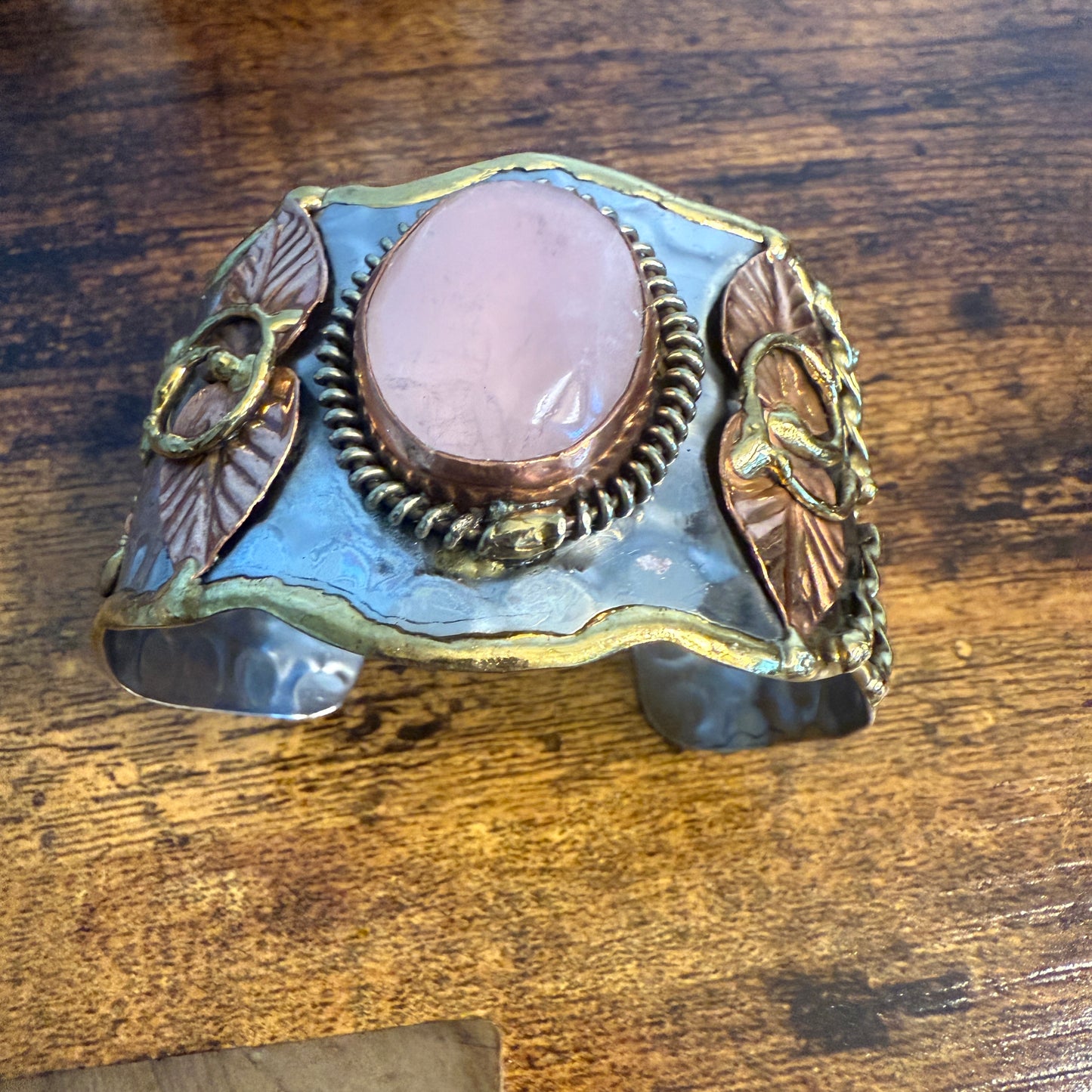 Rose Quartz Natural Gemstone Wide Cuff Bracelet Mixed Metals