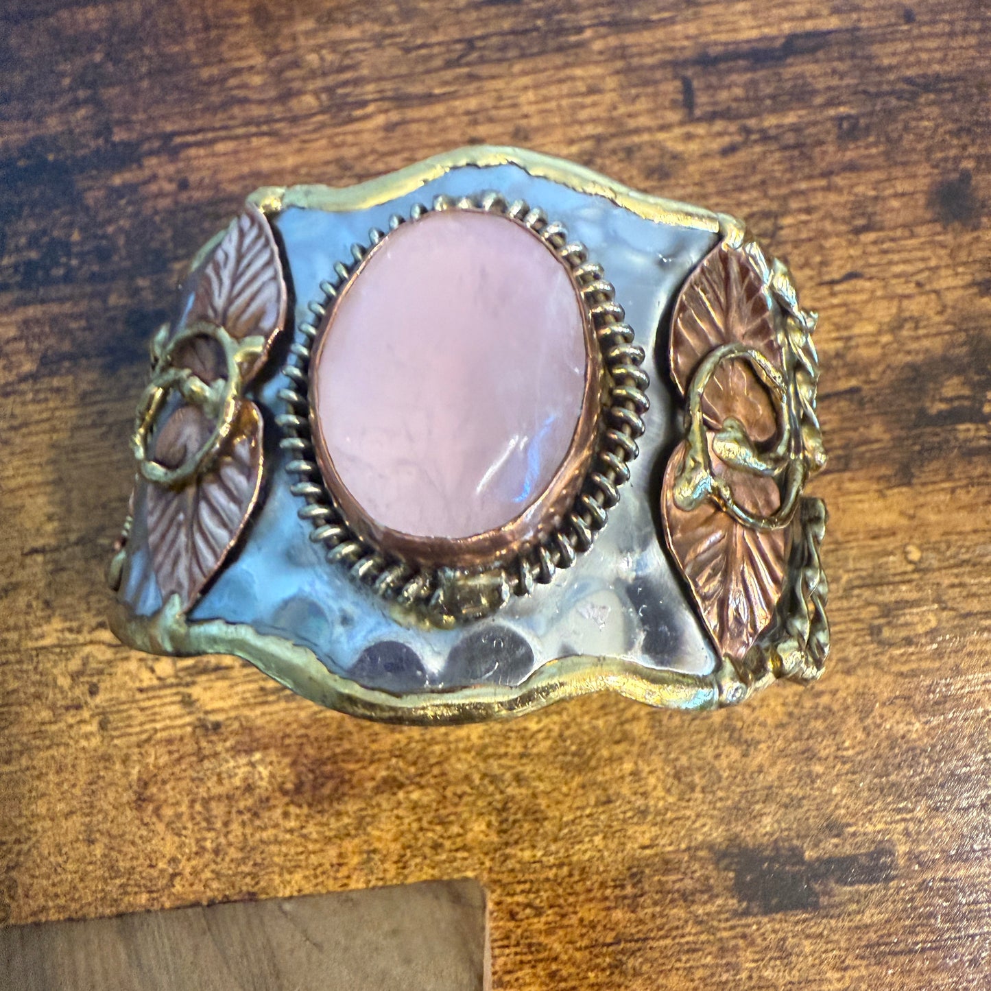 Rose Quartz Natural Gemstone Wide Cuff Bracelet Mixed Metals