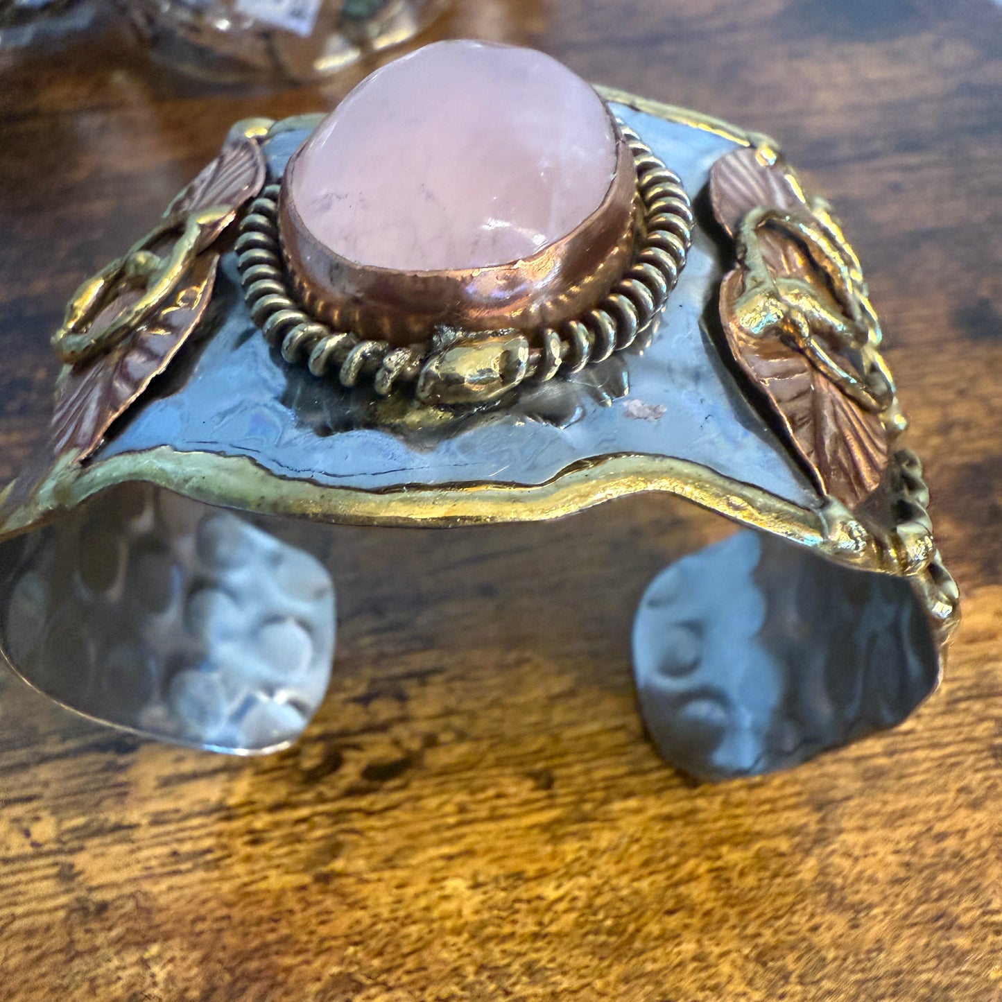 Rose Quartz Natural Gemstone Wide Cuff Bracelet Mixed Metals