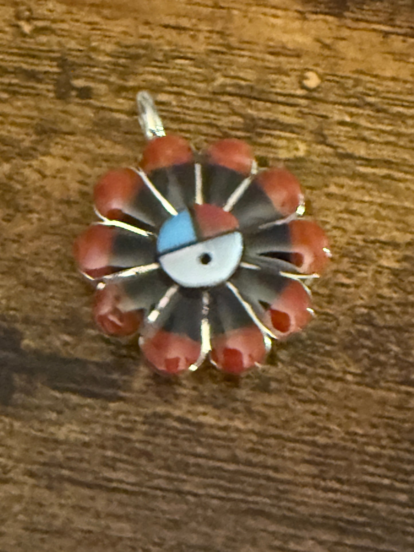 RV Zuni Native American Coral Inlay Sunface Pendant Sterling Silver
