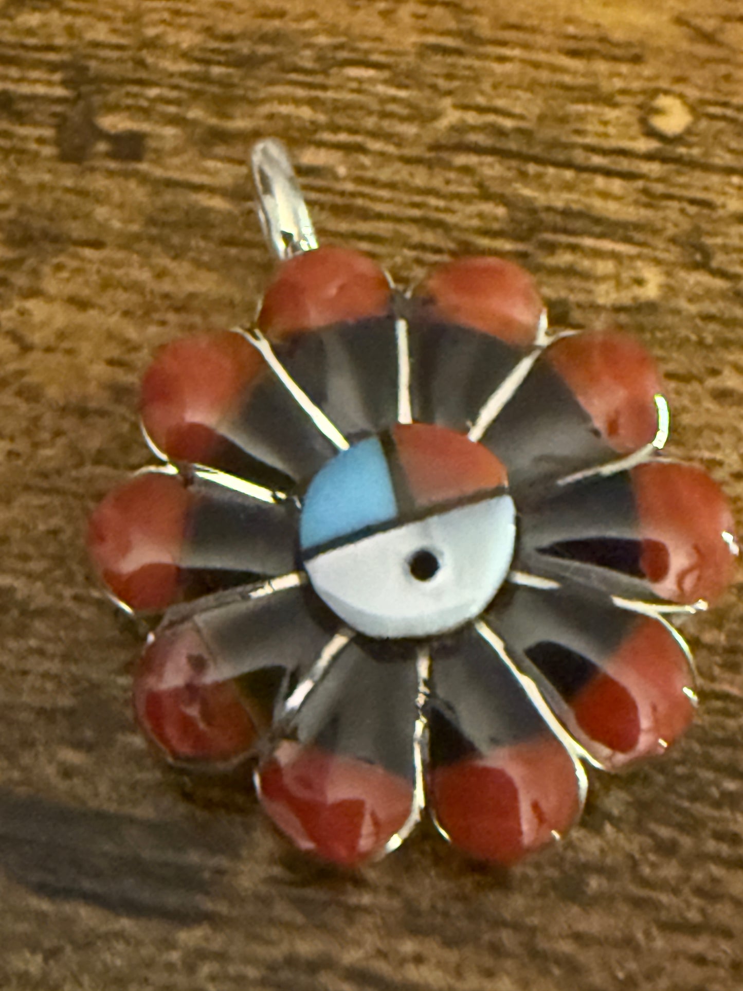 RV Zuni Native American Coral Inlay Sunface Pendant Sterling Silver