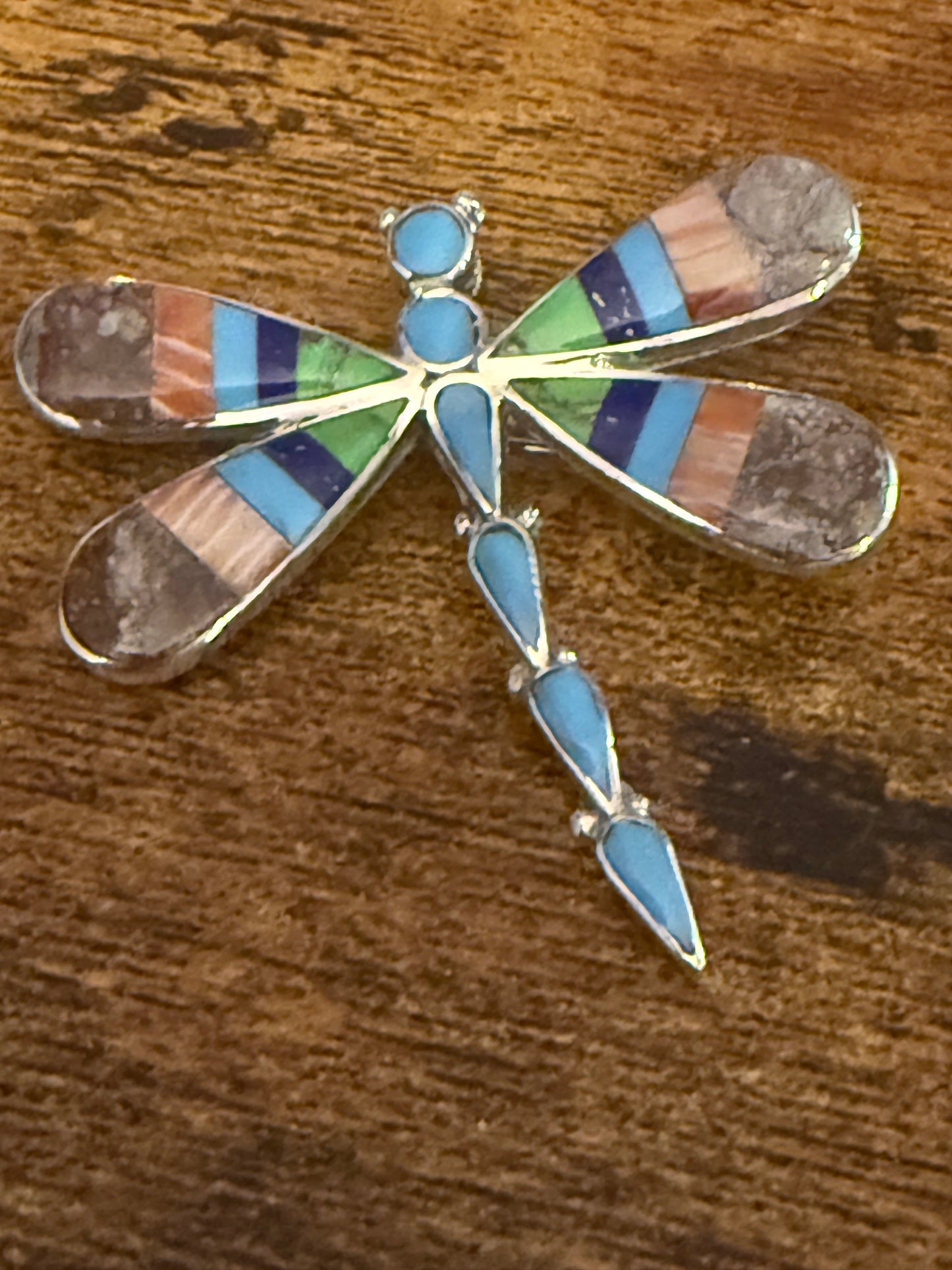 Native American Multi Gemstone Inlay Dragonfly Pendant Signed by Ahiyite