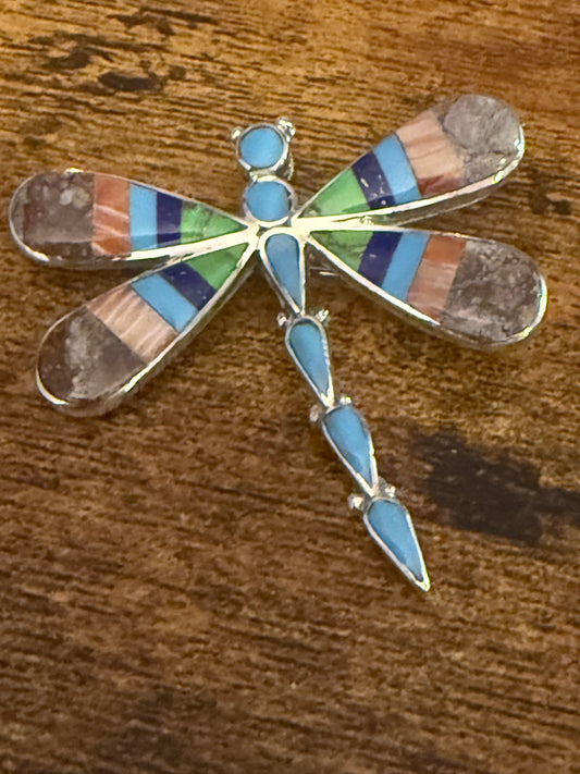 Native American Multi Gemstone Inlay Dragonfly Pendant Signed by Ahiyite