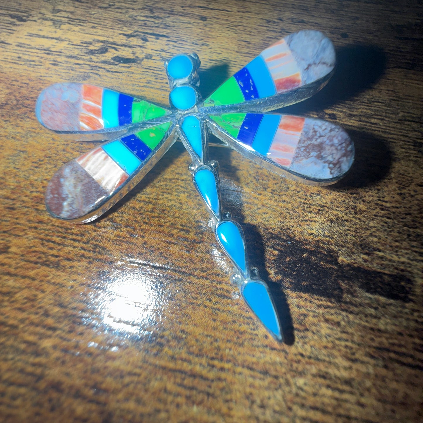 Native American Multi Gemstone Inlay Dragonfly Pendant Signed by Ahiyite