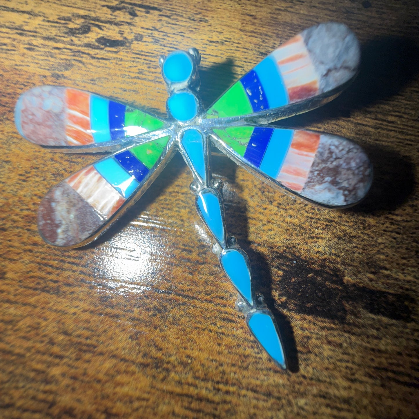 Native American Multi Gemstone Inlay Dragonfly Pendant Signed by Ahiyite