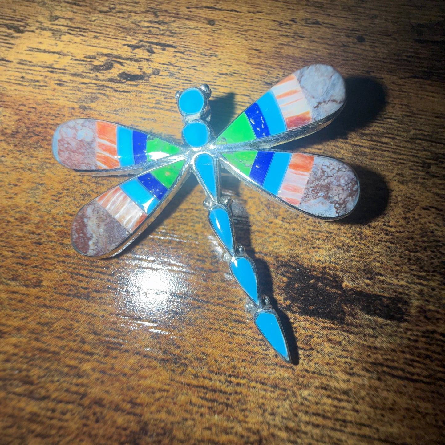 Native American Multi Gemstone Inlay Dragonfly Pendant Signed by Ahiyite