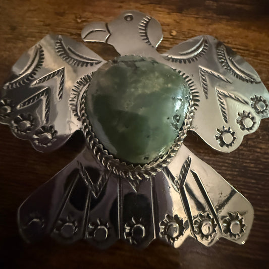 Navajo Turquoise Thunderbird Pendant Pin Nickel Silver Signed By Cleveland