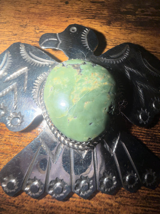 Navajo Inspired Turquoise Thunderbird Pendant Pin Nickel Silver Signed By Cleveland