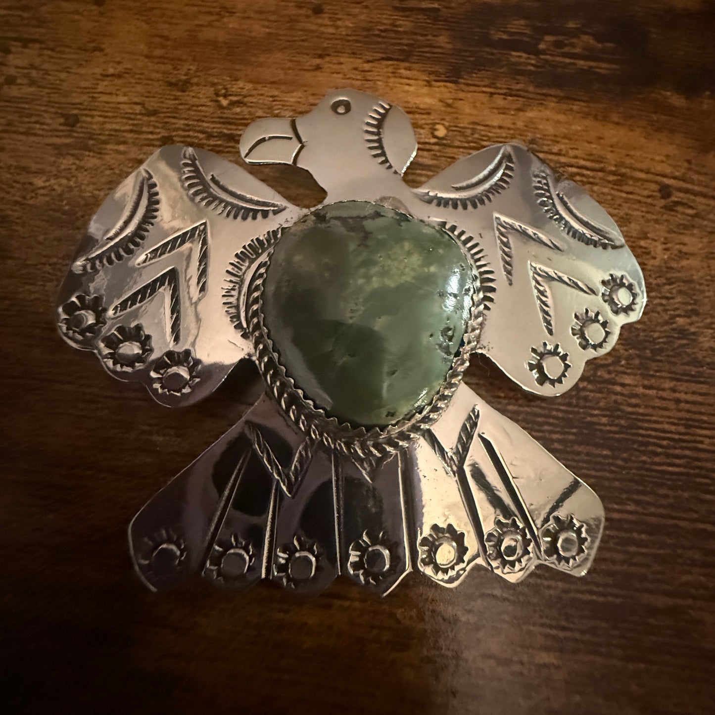 Navajo Turquoise Thunderbird Pendant Pin Nickel Silver Signed By Cleveland