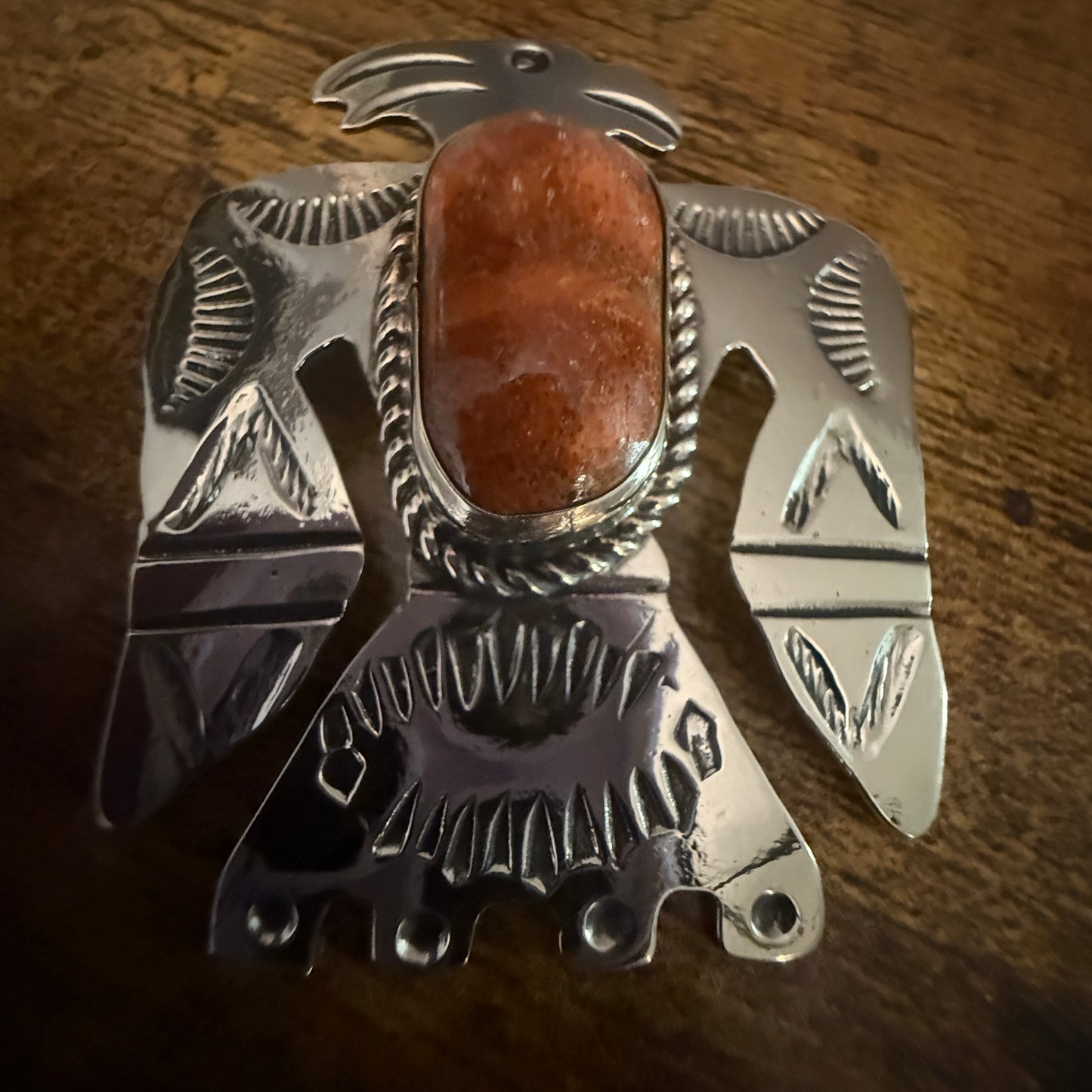 Navajo Coral Gemstone Thunderbird Pendant In Nickel Silver Signed By Cleveland