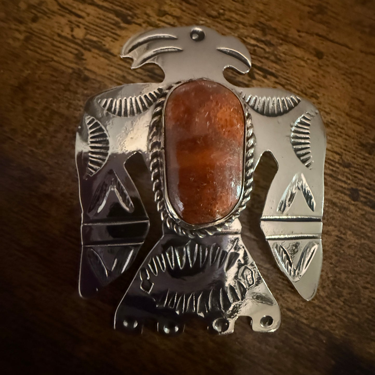 Navajo Coral Gemstone Thunderbird Pendant In Nickel Silver Signed By Cleveland