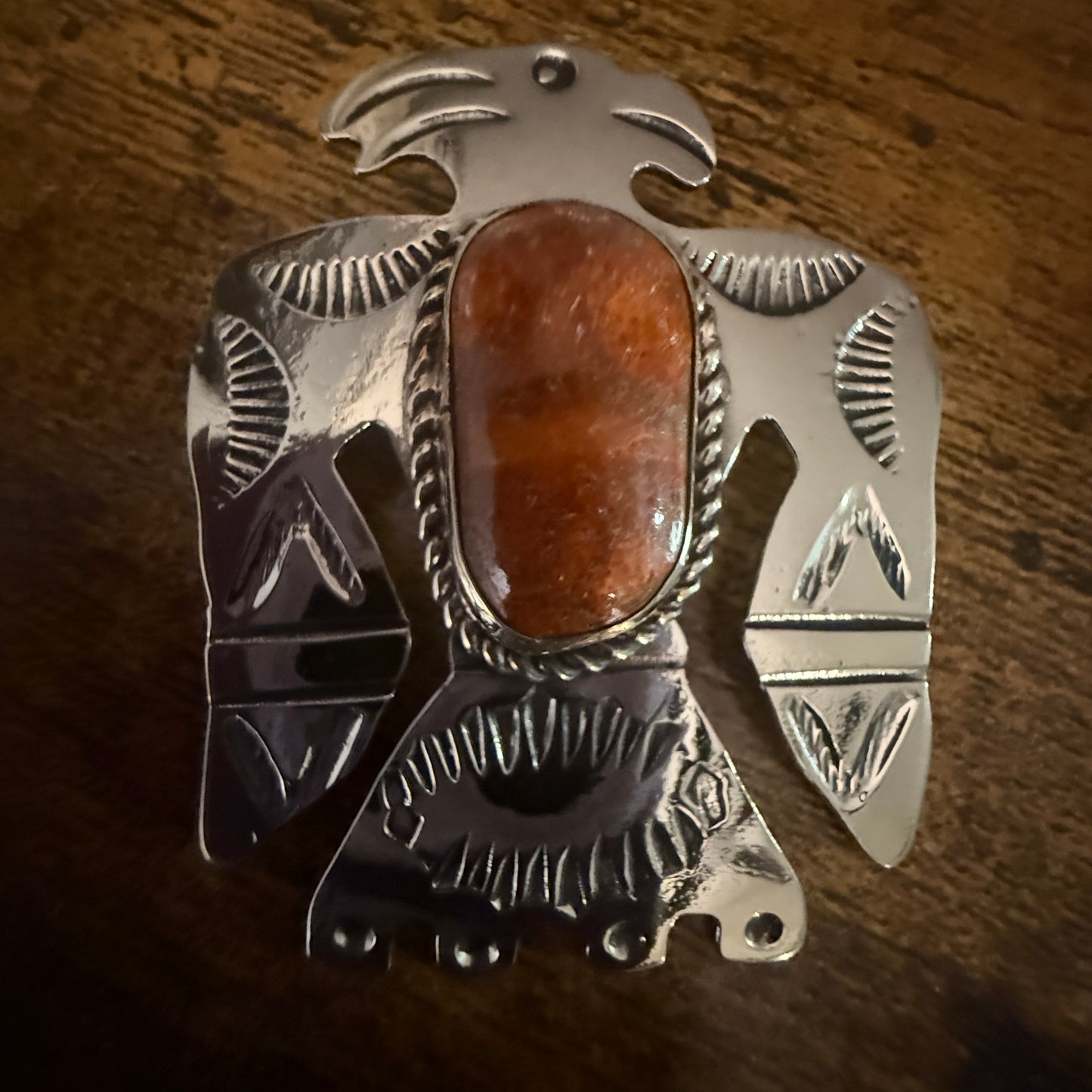 Navajo Coral Gemstone Thunderbird Pendant In Nickel Silver Signed By Cleveland