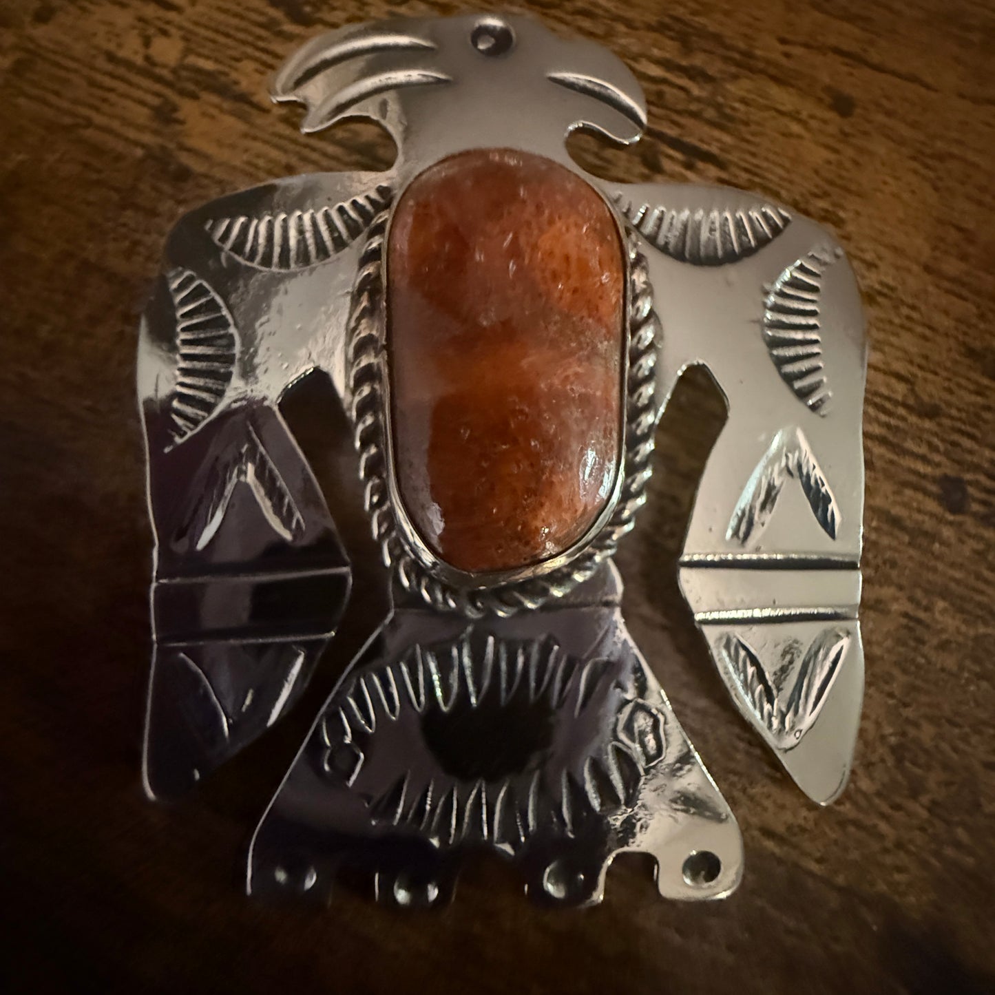 Navajo Coral Gemstone Thunderbird Pendant In Nickel Silver Signed By Cleveland