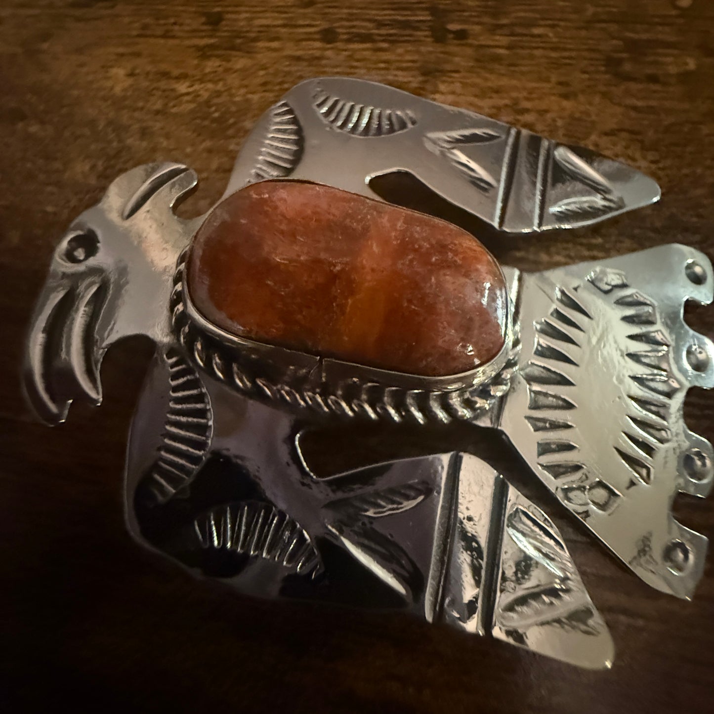 Navajo Coral Gemstone Thunderbird Pendant In Nickel Silver Signed By Cleveland