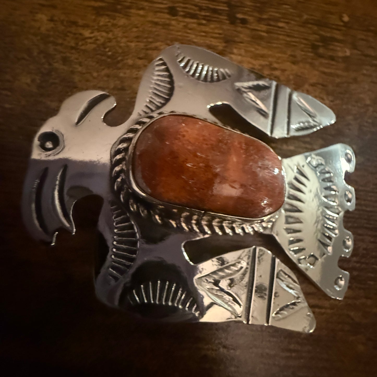 Navajo Coral Gemstone Thunderbird Pendant In Nickel Silver Signed By Cleveland