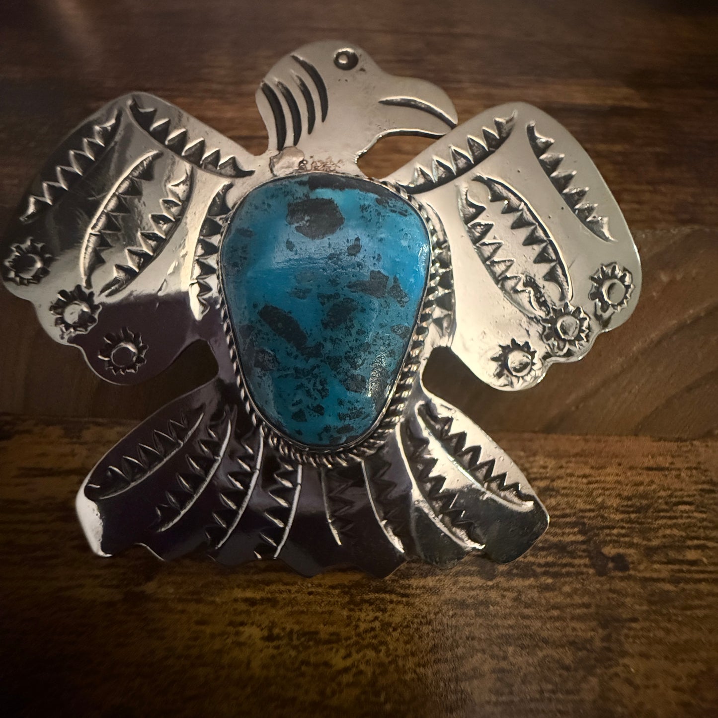 Navajo Kingman Turquoise Gemstone Thunderbird Pendant Signed By Cleveland