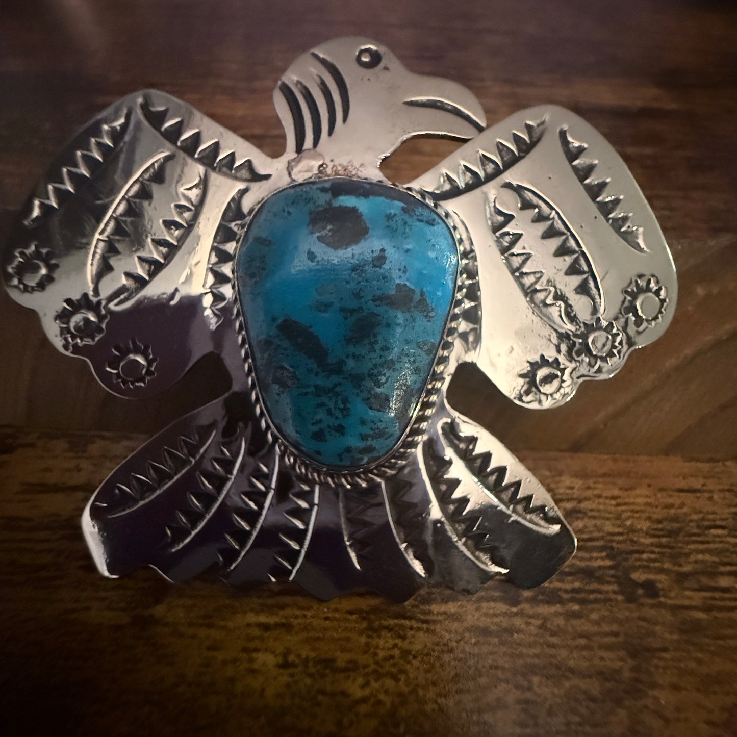 Navajo Kingman Turquoise Gemstone Thunderbird Pendant Signed By Cleveland