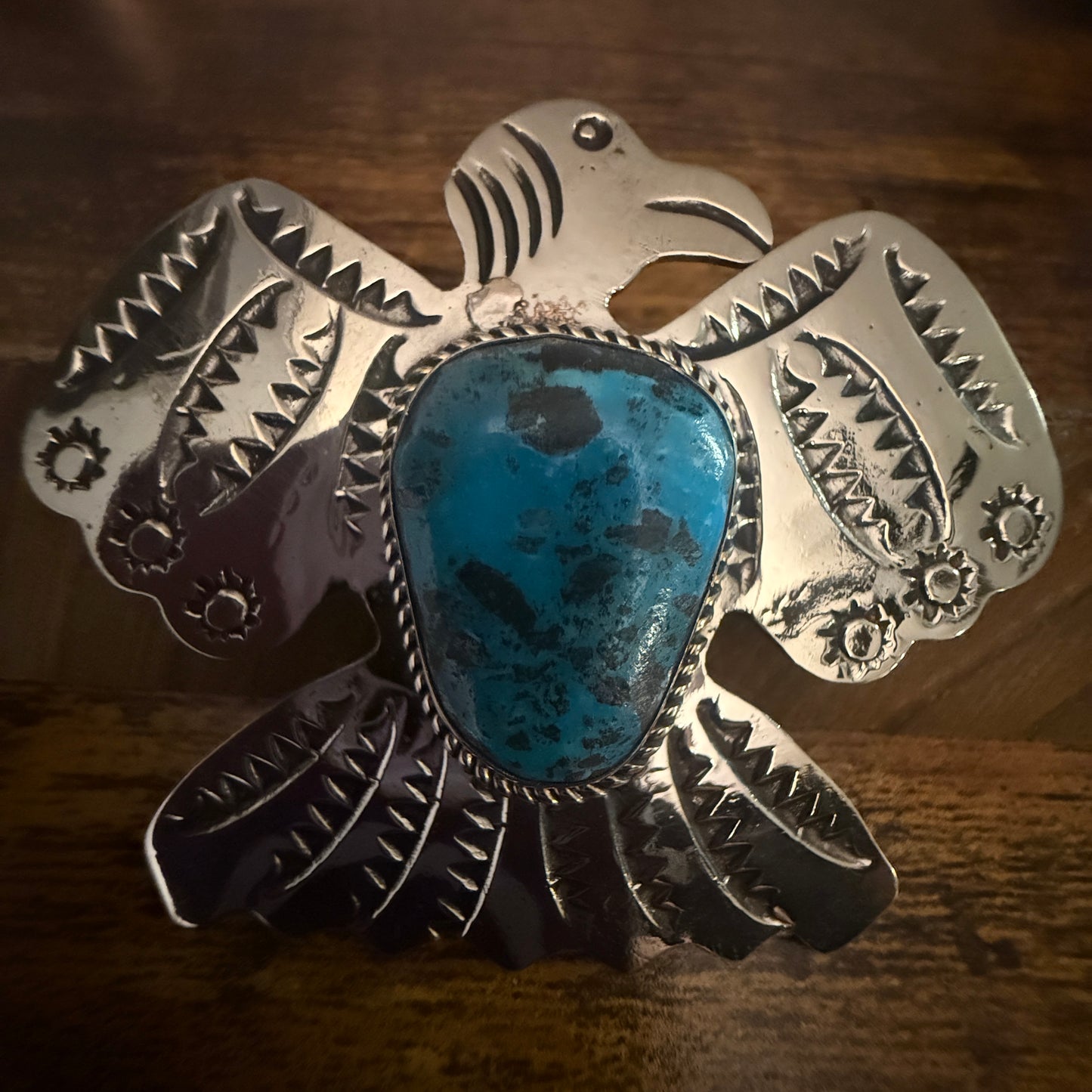 Navajo Kingman Turquoise Gemstone Thunderbird Pendant Signed By Cleveland