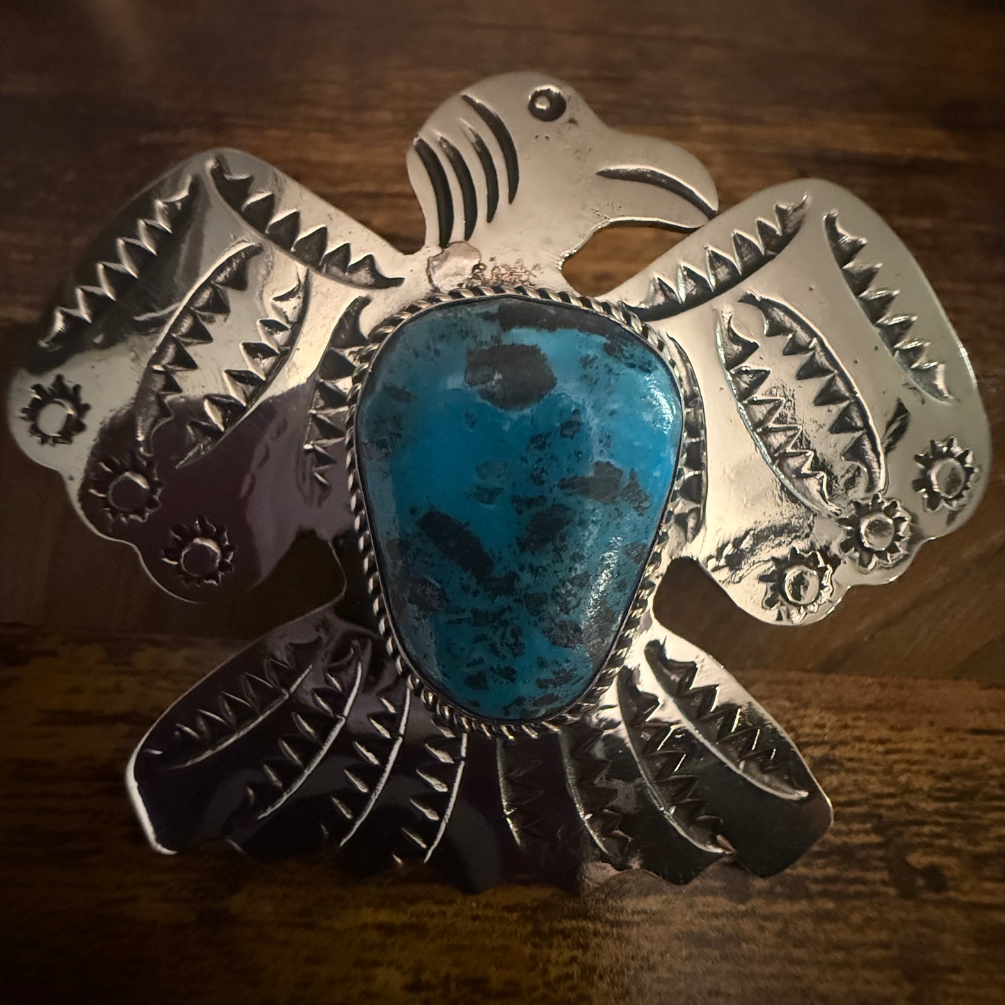 Navajo Kingman Turquoise Gemstone Thunderbird Pendant Signed By Cleveland