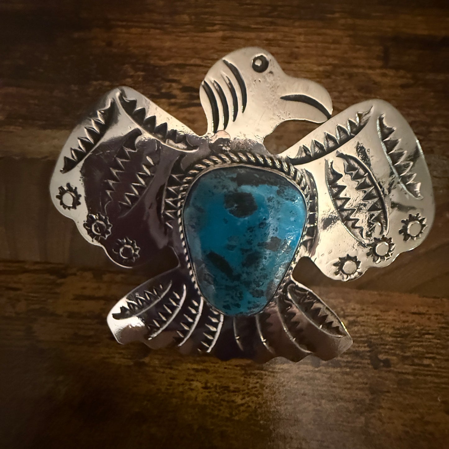 Navajo Kingman Turquoise Gemstone Thunderbird Pendant Signed By Cleveland