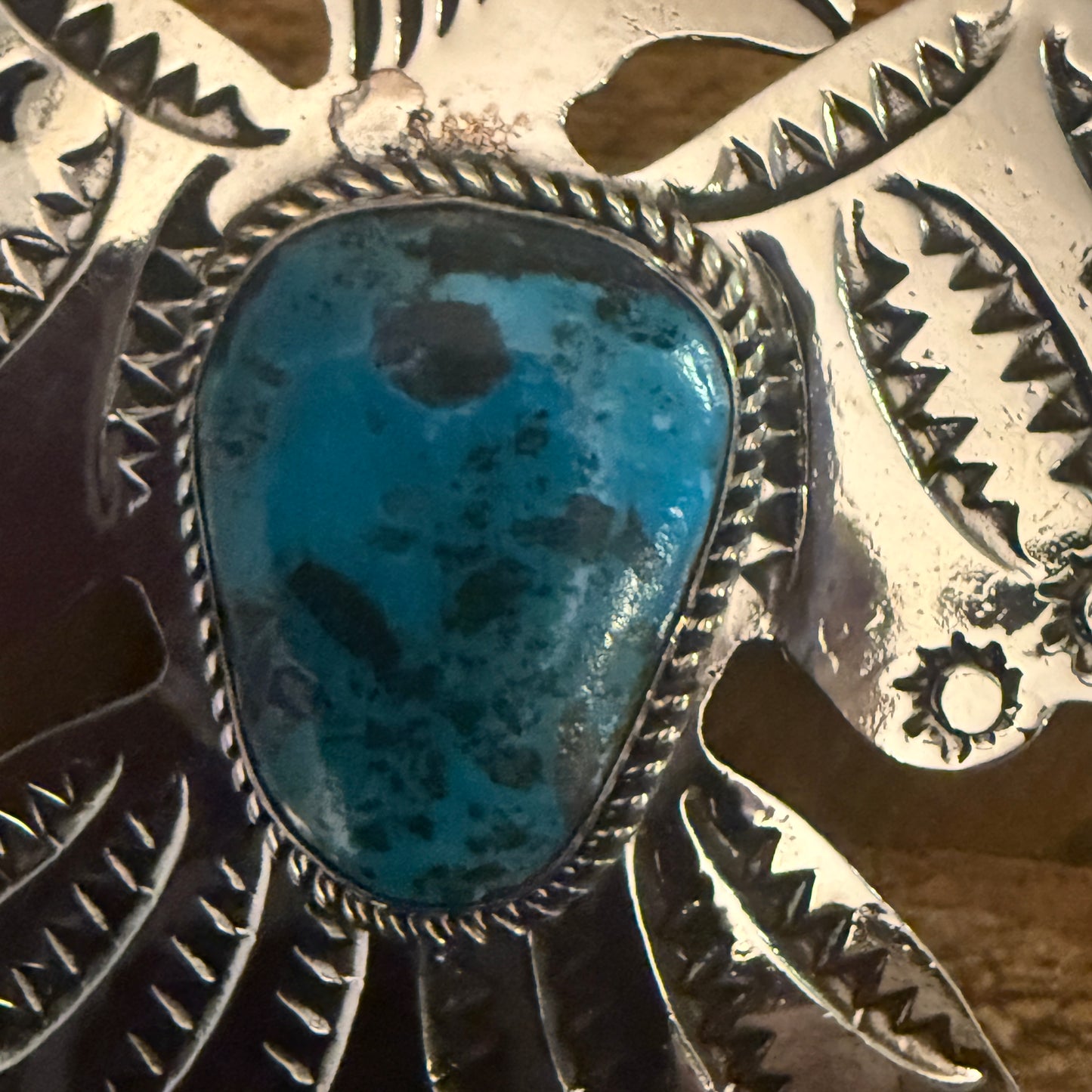 Navajo Kingman Turquoise Gemstone Thunderbird Pendant Signed By Cleveland