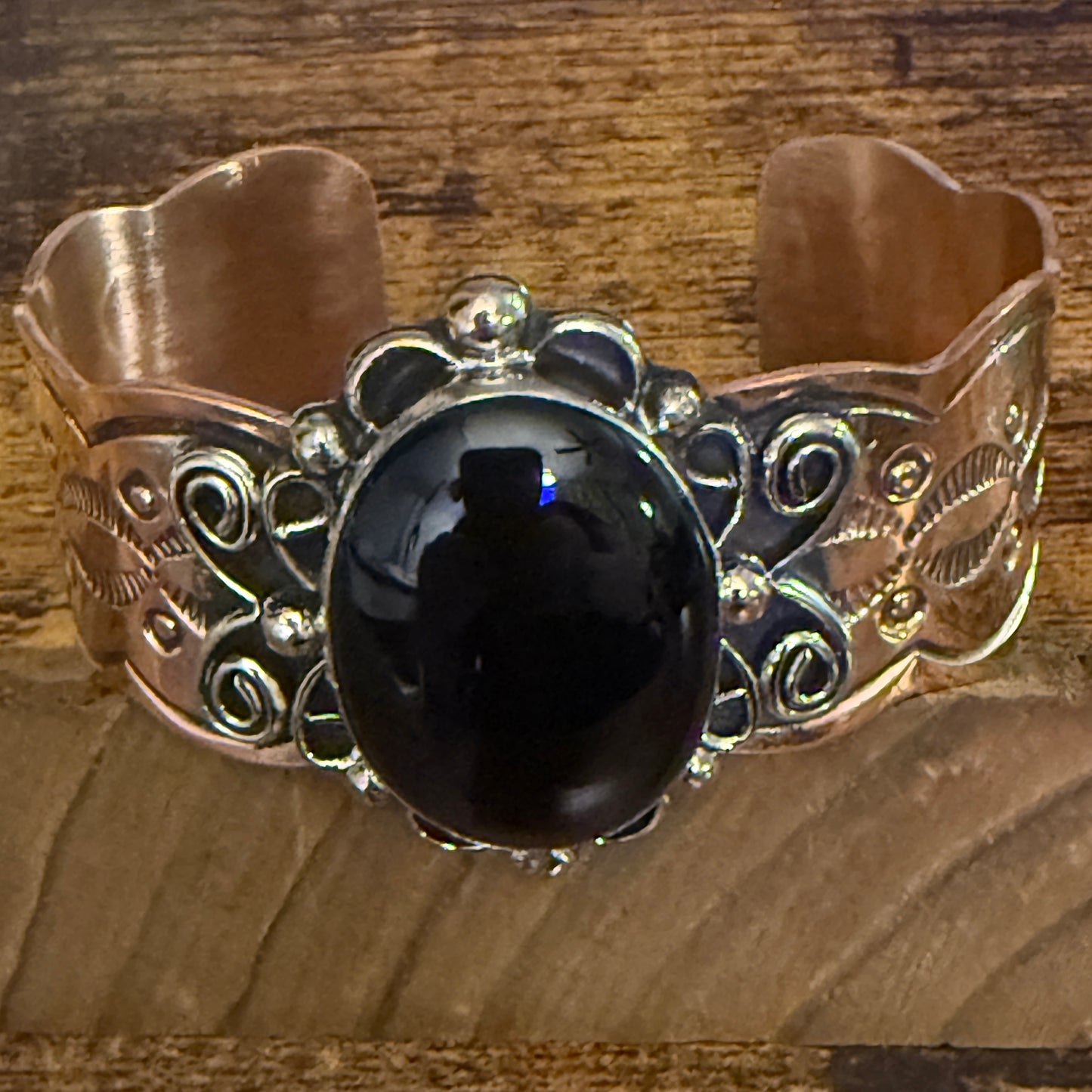 Navajo Copper And Black Onyx Wide Cuff Bracelet Signed By Cleveland