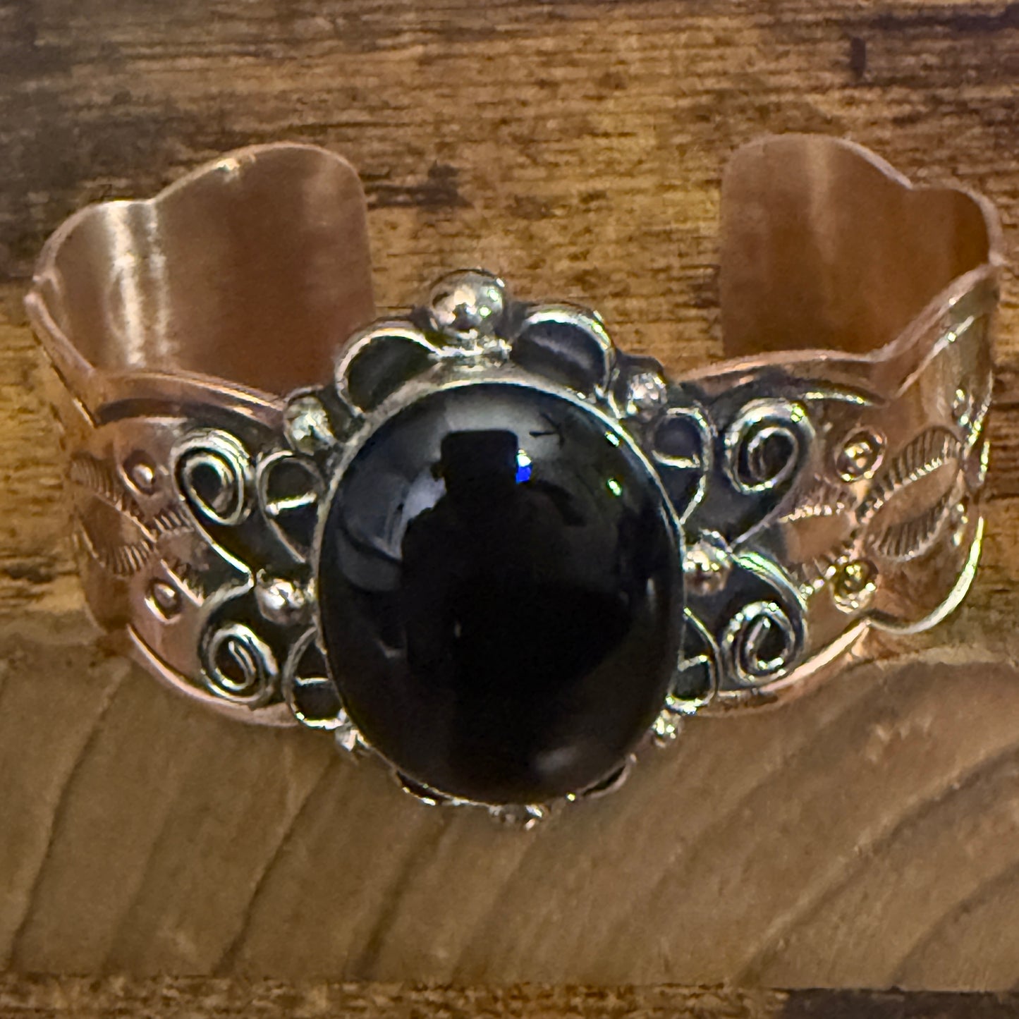 Navajo Copper And Black Onyx Wide Cuff Bracelet Signed By Cleveland