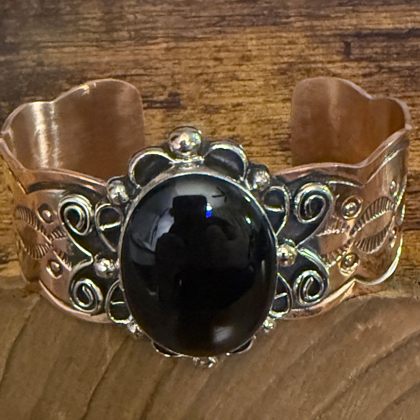 Navajo Copper And Black Onyx Wide Cuff Bracelet Signed By Cleveland