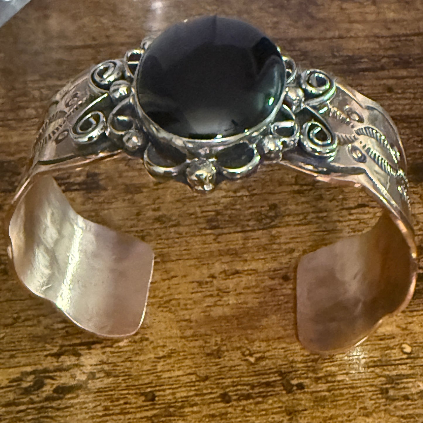 Navajo Copper And Black Onyx Wide Cuff Bracelet Signed By Cleveland