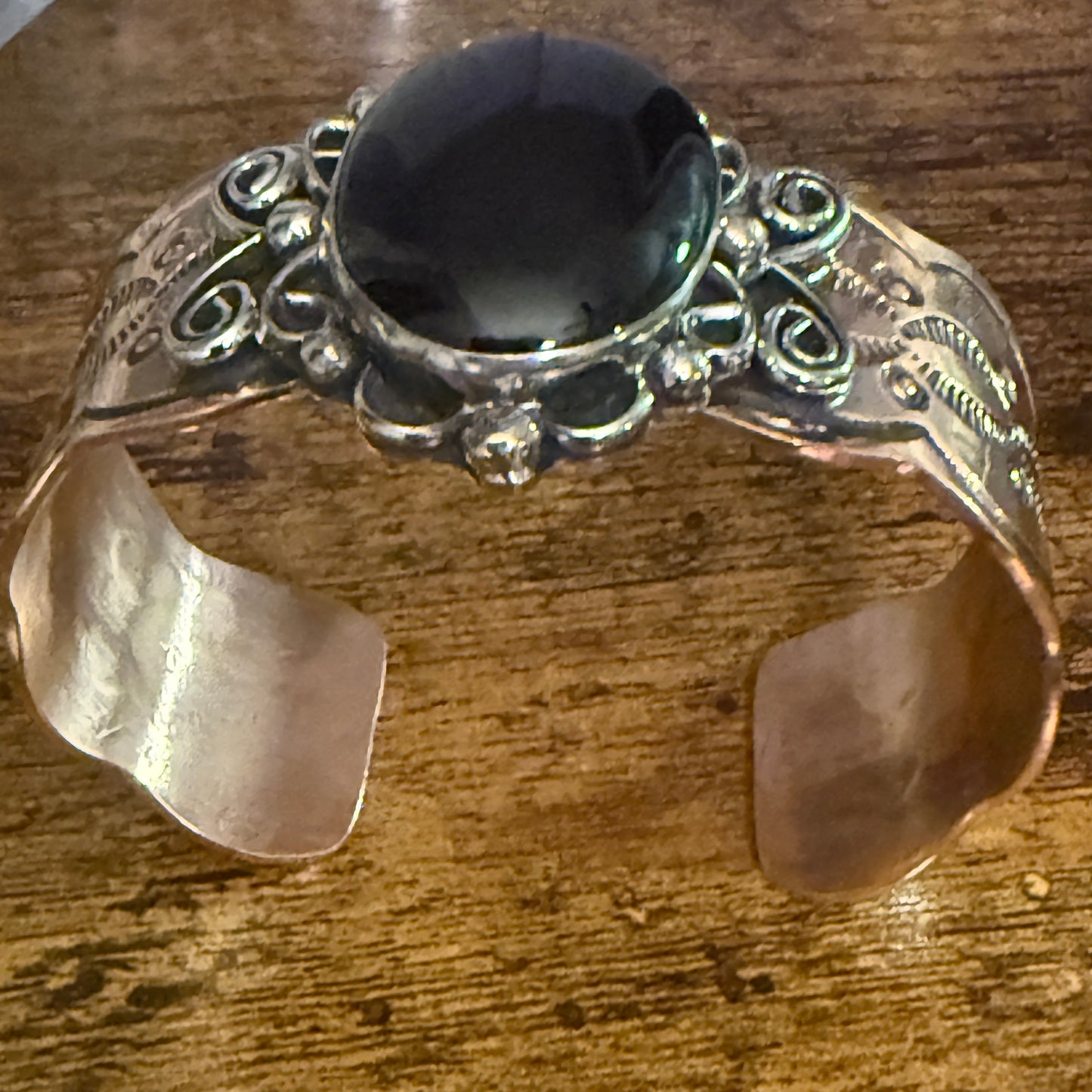 Navajo Copper And Black Onyx Wide Cuff Bracelet Signed By Cleveland