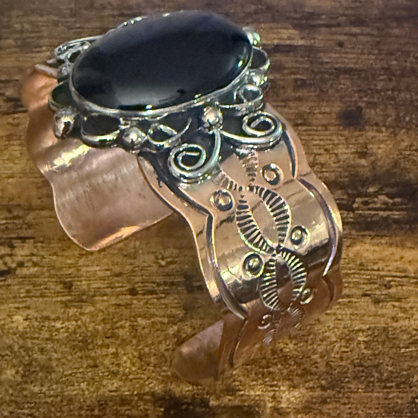 Navajo Copper And Black Onyx Wide Cuff Bracelet Signed By Cleveland