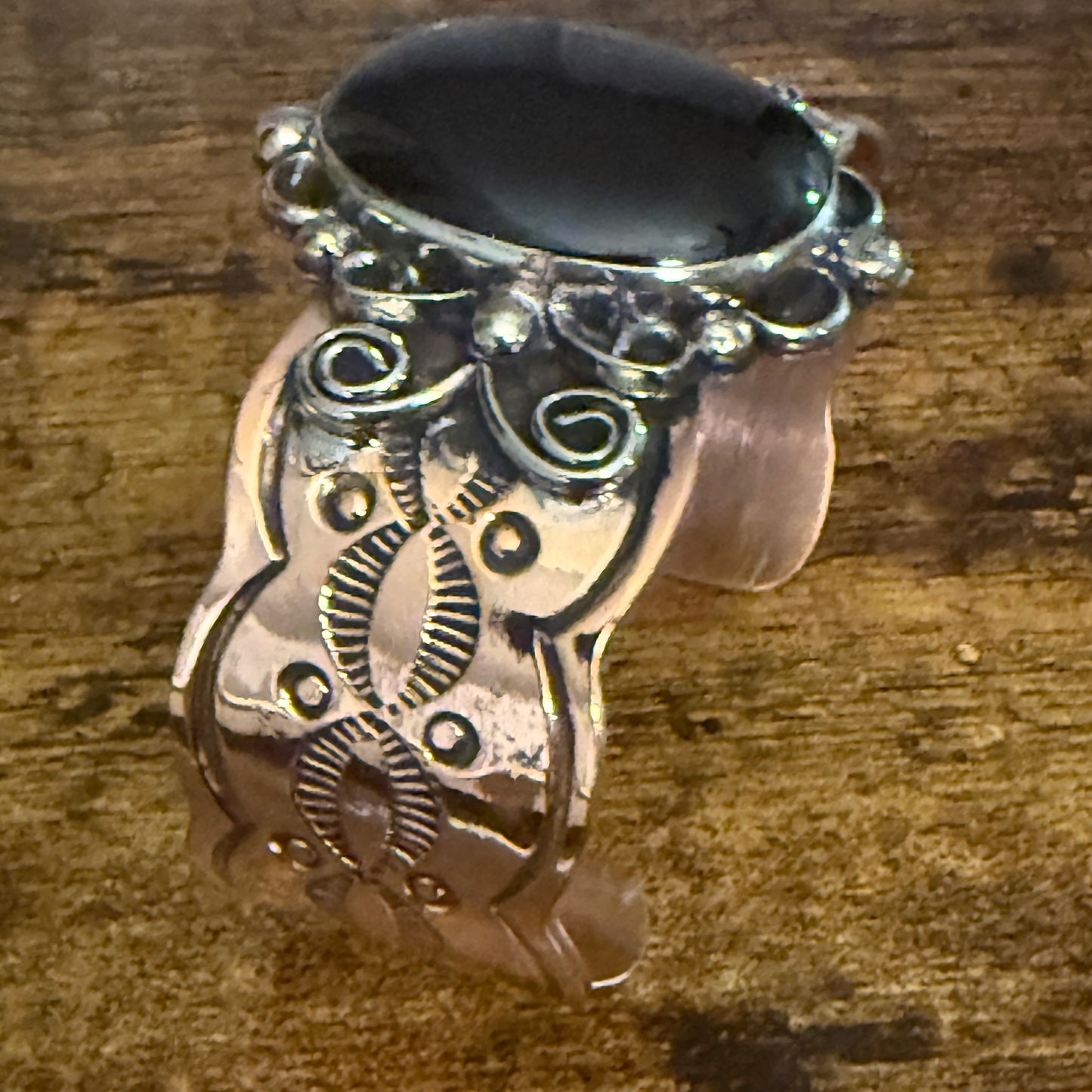 Navajo Copper And Black Onyx Wide Cuff Bracelet Signed By Cleveland