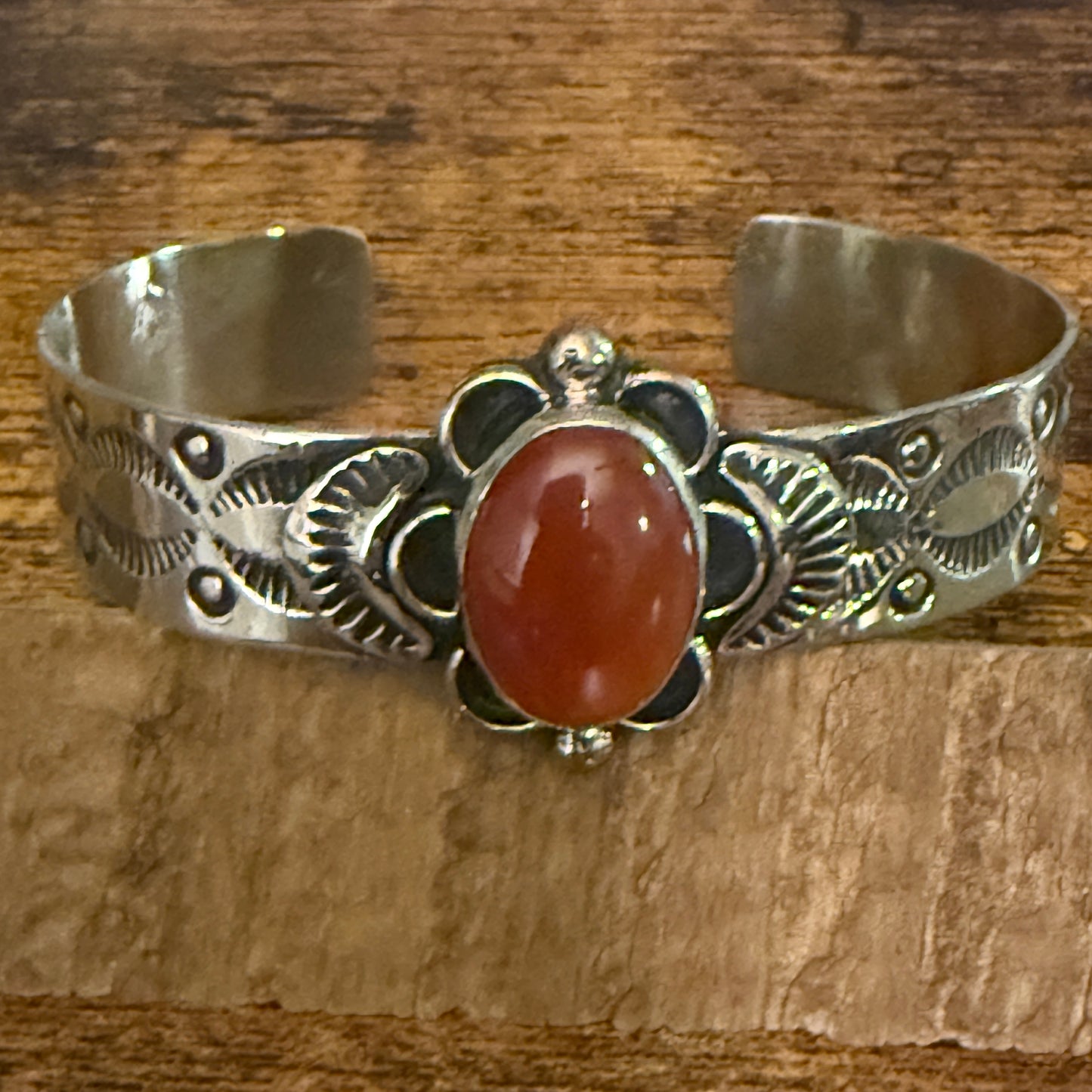 Navajo Apple Coral Cuff Bracelet Signed Cleveland Nickel Silver Adjustable