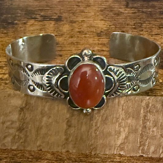 Navajo Apple Coral Cuff Bracelet Signed Cleveland Nickel Silver Adjustable