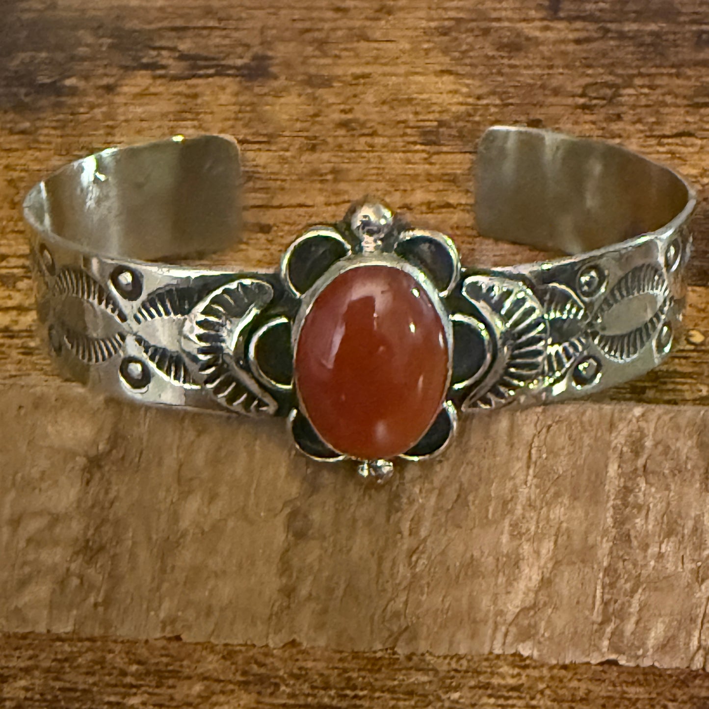 Navajo Apple Coral Cuff Bracelet Signed Cleveland Nickel Silver Adjustable