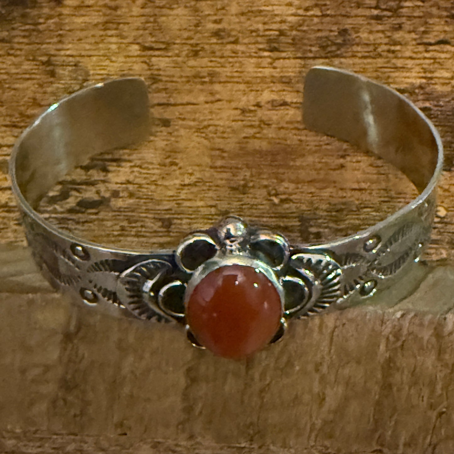 Navajo Apple Coral Cuff Bracelet Signed Cleveland Nickel Silver Adjustable