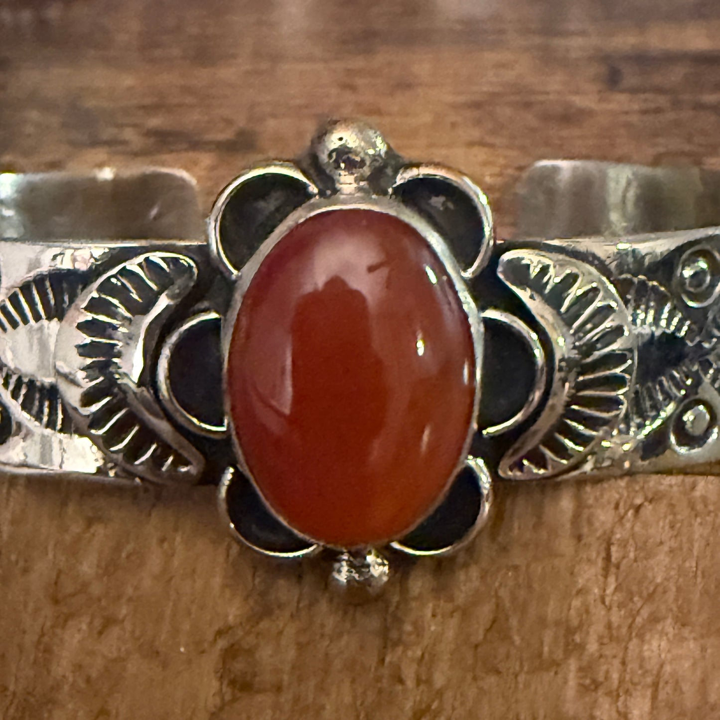 Navajo Apple Coral Cuff Bracelet Signed Cleveland Nickel Silver Adjustable