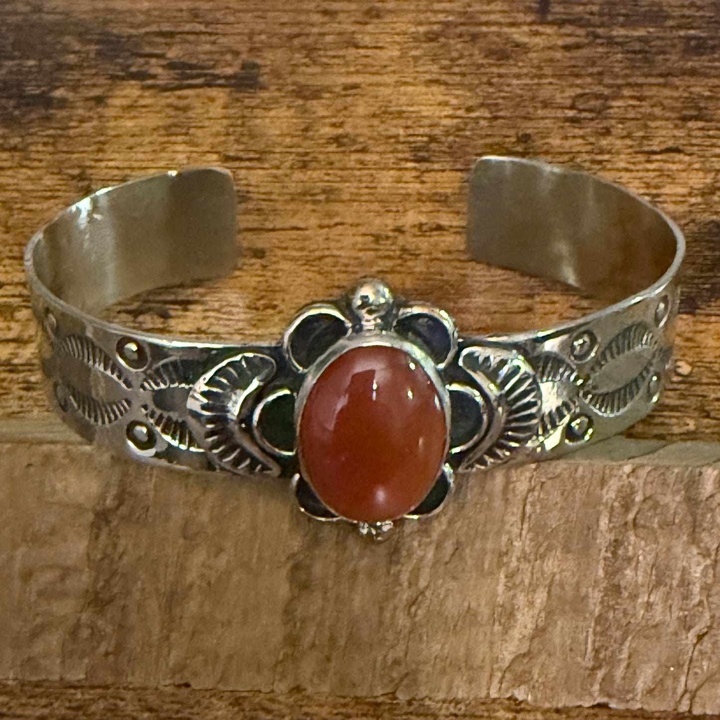 Navajo Apple Coral Cuff Bracelet Signed Cleveland Nickel Silver Adjustable