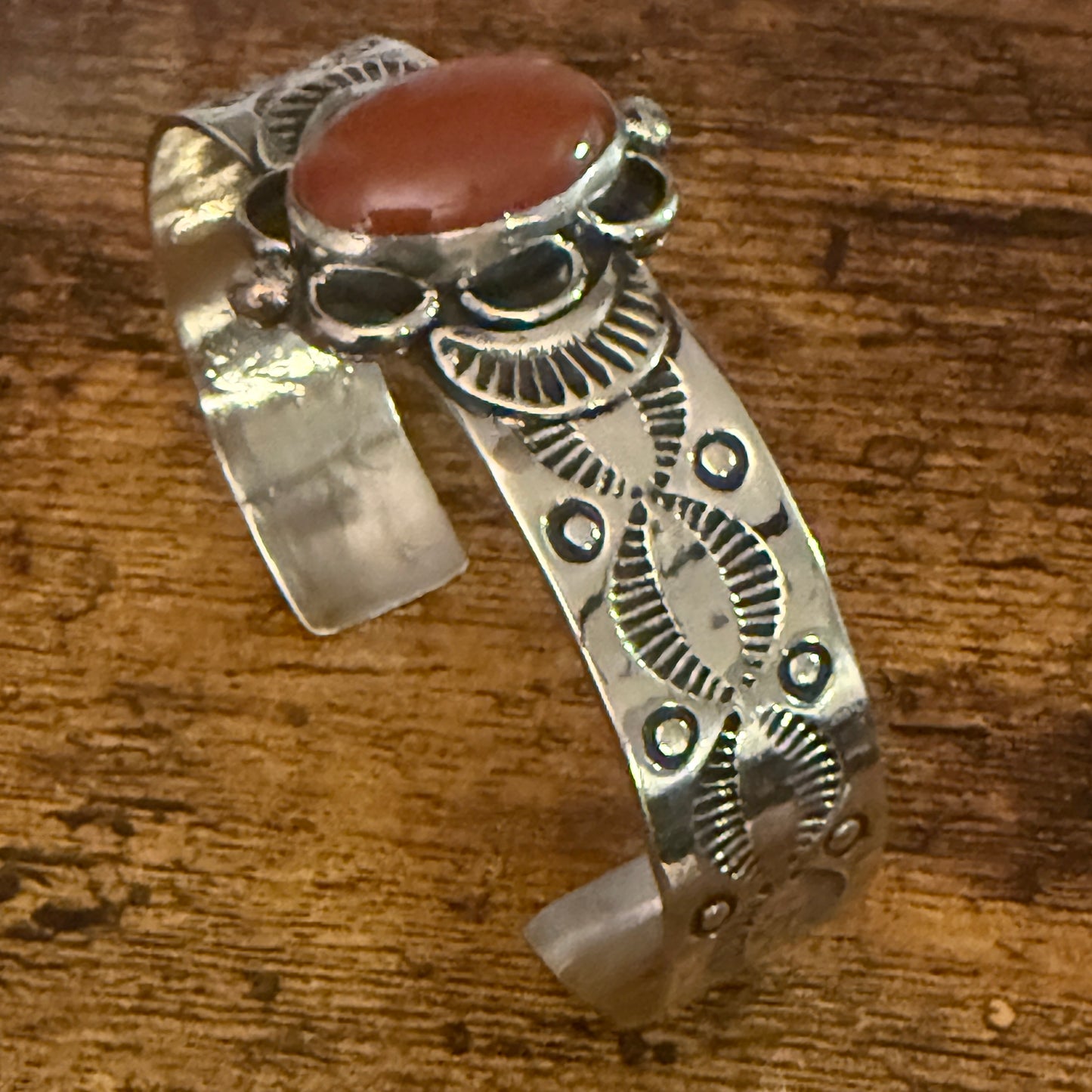 Navajo Apple Coral Cuff Bracelet Signed Cleveland Nickel Silver Adjustable