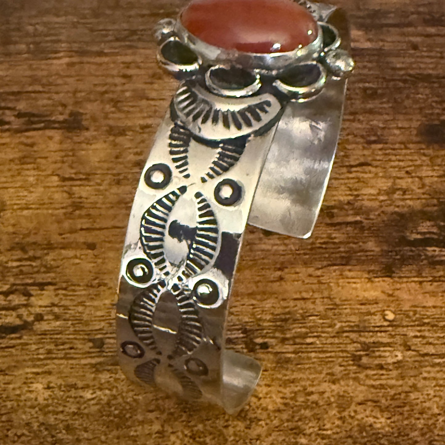 Navajo Apple Coral Cuff Bracelet Signed Cleveland Nickel Silver Adjustable