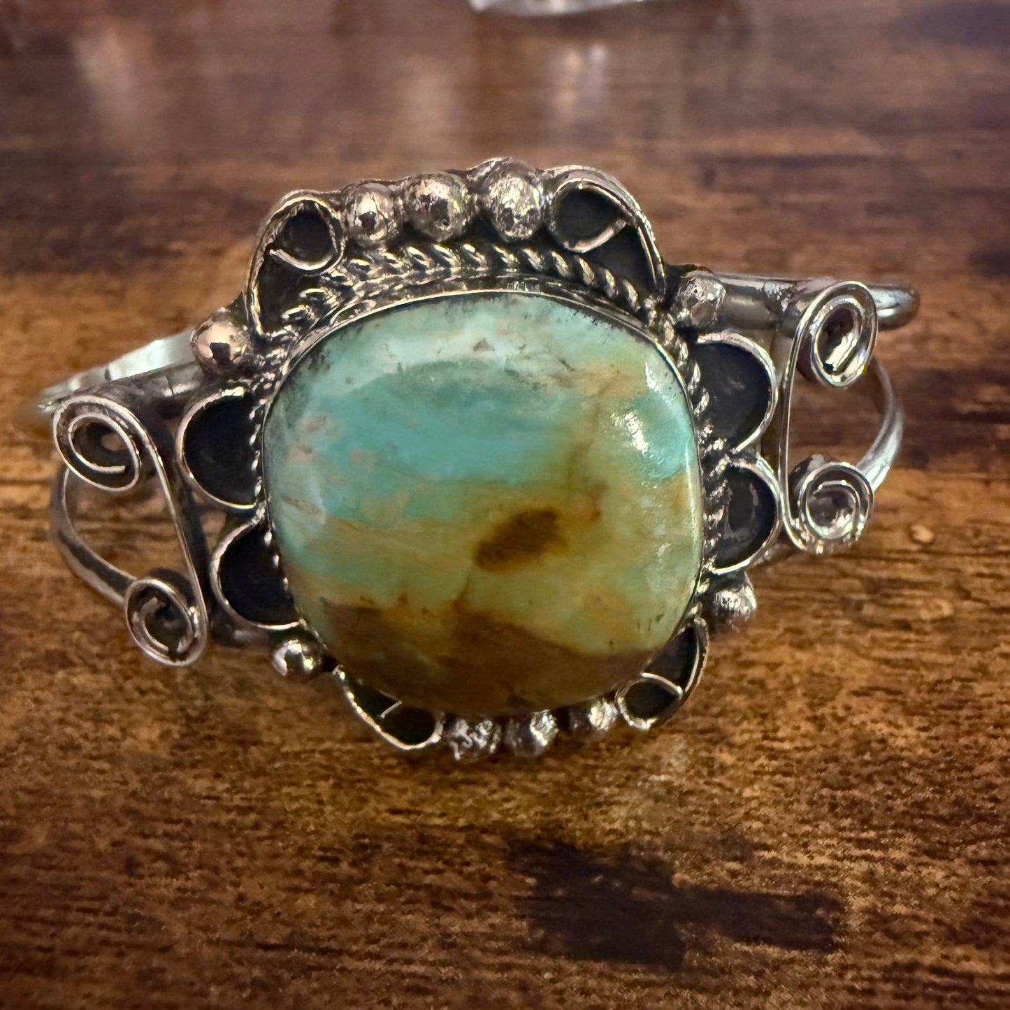 Native American Turquoise Cuff Bracelet Signed Cleveland Nickel Silver