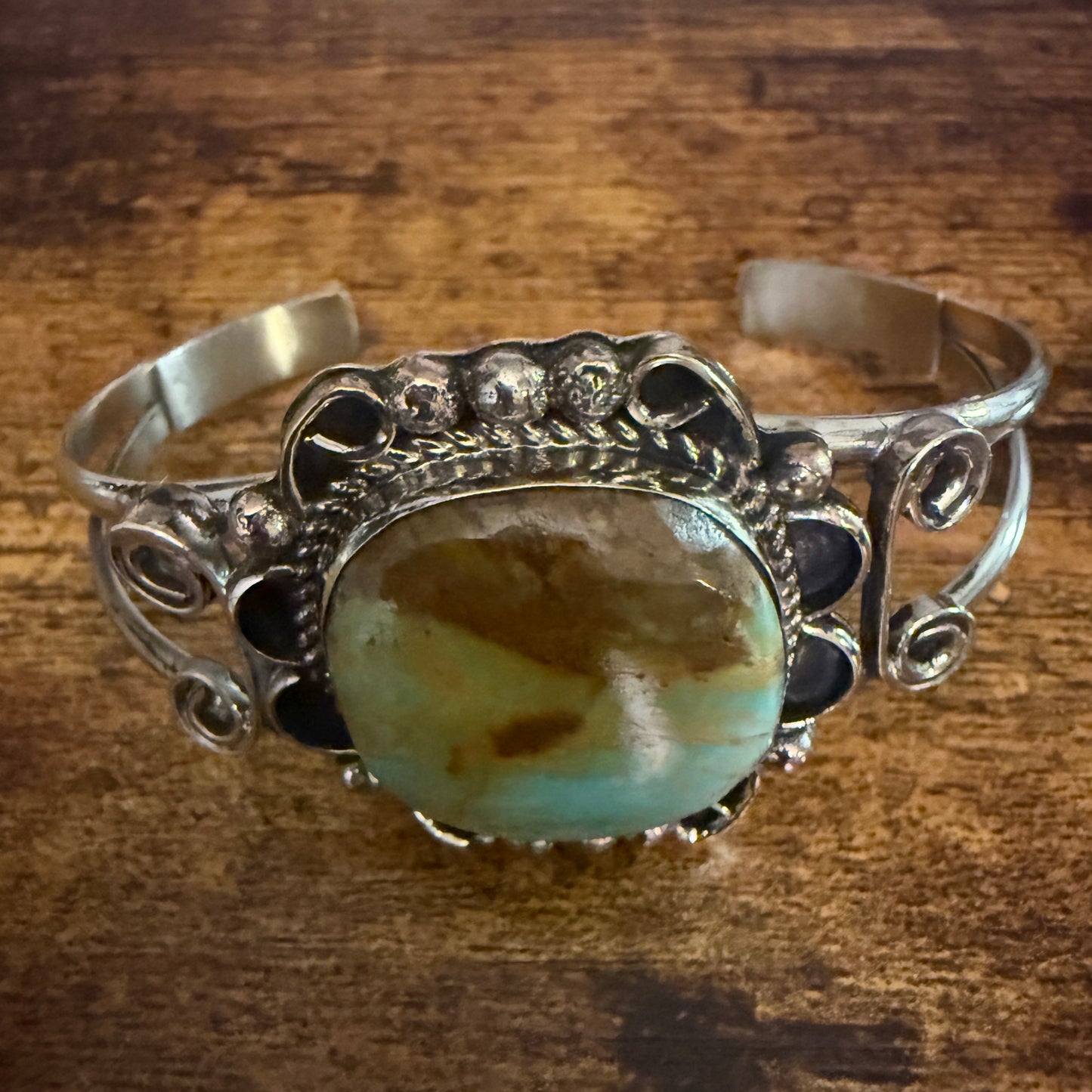 Native American Turquoise Cuff Bracelet Signed Cleveland Nickel Silver