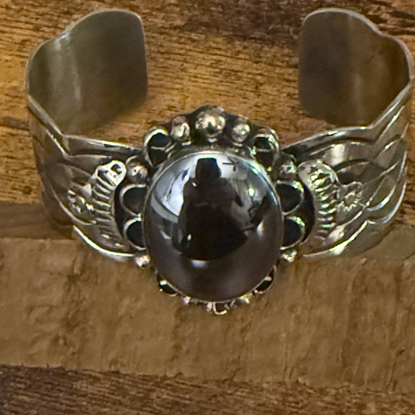 Navajo Hematite Wide Cuff Bracelet Signed Cleveland Nickel Silver